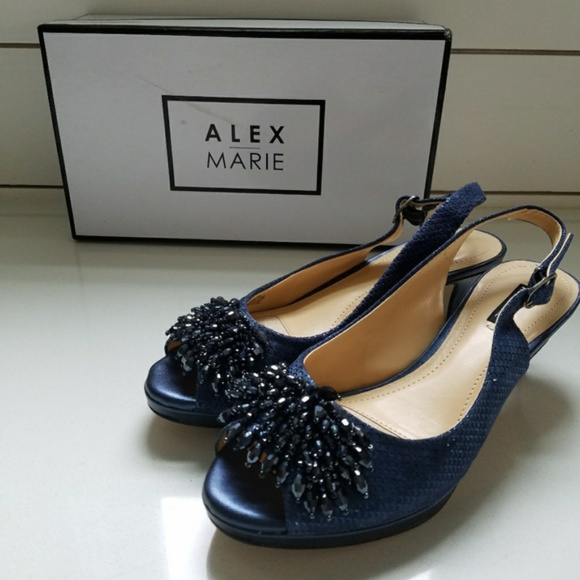 Alex Marie Shoes - Alex Marie Blue Slingback Heels Marla Rhinestone Beaded Suede Dress Pump Shoe 7